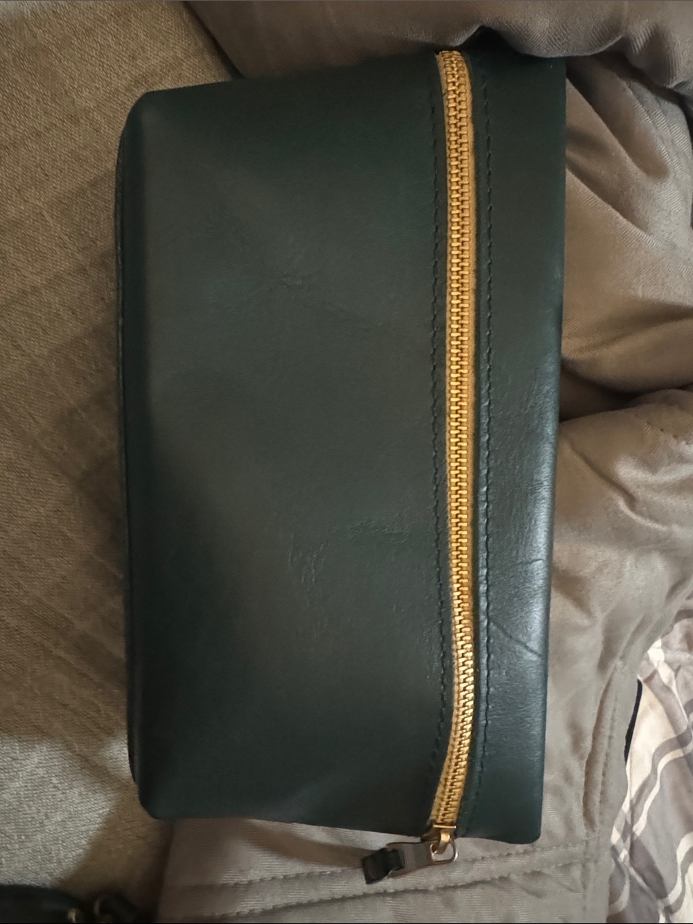 Portland Leather Forest Green Leather Makeup Bag with Gold Zipper